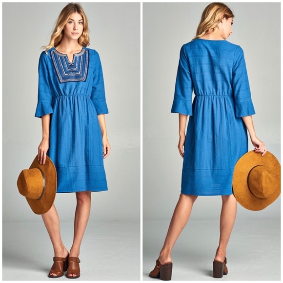 Feminine Boho Chic Blue 3/4 Sleeves Dress - Picture 3 of 4